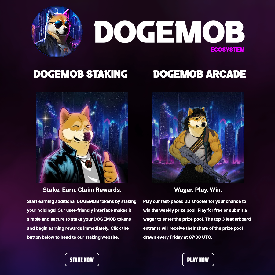 We're thrilled to announce not one but TWO new feature releases into the🐶DOGEMOB ecosystem. Our stake and earn program is now live, along with the release of our fast-paced web3 2d shooter. Learn more @ dogemob.com or hit the links directly below to check them out: