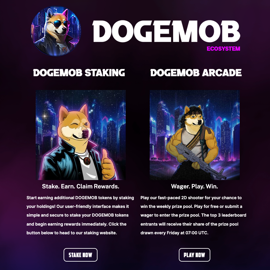 DogeMobOfficial's tweet image. We're thrilled to announce not one but TWO new feature releases into the🐶DOGEMOB ecosystem. Our stake and earn program is now live, along with the release of our fast-paced web3 2d shooter. Learn more @ dogemob.com or hit the links directly below to check them out:…