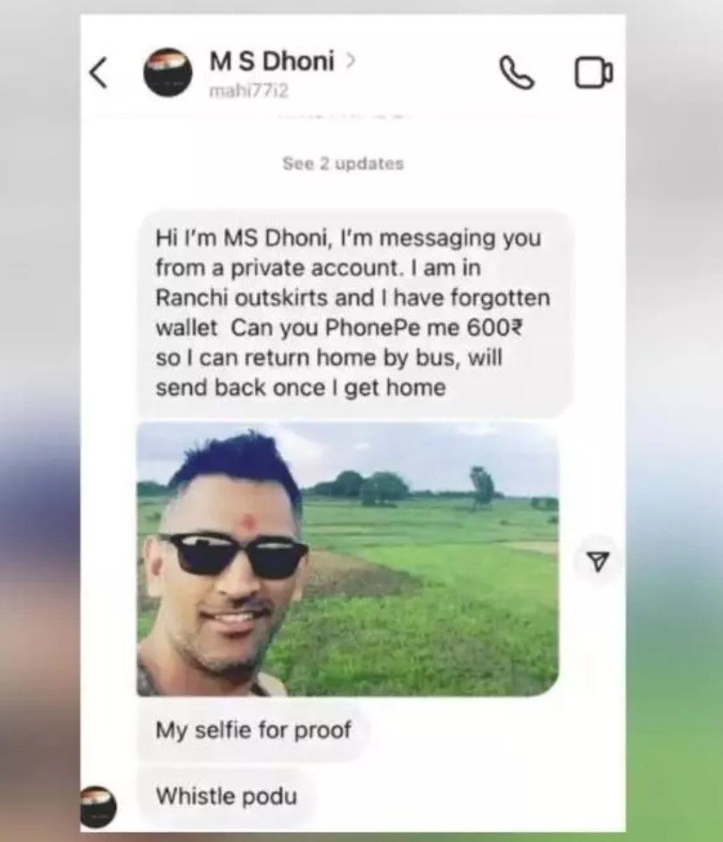 DoT India (@dot_india) on Twitter photo Beware of scammers trying to bowl you out ! If anyone claims to be the legendary <a href="/msdhoni/">Mahendra Singh Dhoni</a> seeking bus tickets, it's a googly you don't want to catch. Report them faster than <a href="/msdhoni/">Mahendra Singh Dhoni</a>'s stumpings on Chakshu at #SancharSathi👇
sancharsaathi.gov.in/sfc
<a href="/Cyberdost/">CyberDost I4C</a> Beware of scammers trying to bowl you out ! If anyone claims to be the legendary <a href="/msdhoni/">Mahendra Singh Dhoni</a> seeking bus tickets, it's a googly you don't want to catch. Report them faster than <a href="/msdhoni/">Mahendra Singh Dhoni</a>'s stumpings on Chakshu at #SancharSathi👇
sancharsaathi.gov.in/sfc
<a href="/Cyberdost/">CyberDost I4C</a>