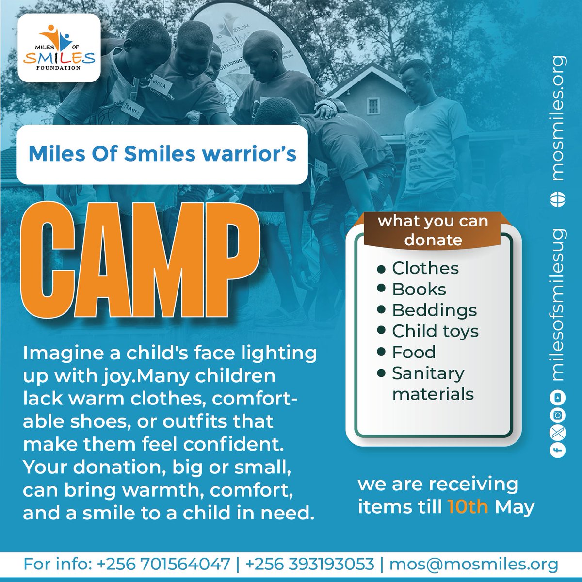 Hi there, My friends at @MilesofsmilesUg are preparing for their annual WARRIORS CAMP to take place in May. Any donations would be appreciated. 🙏 Thank you! Let's spread some miles of smiles to the kids. 😊