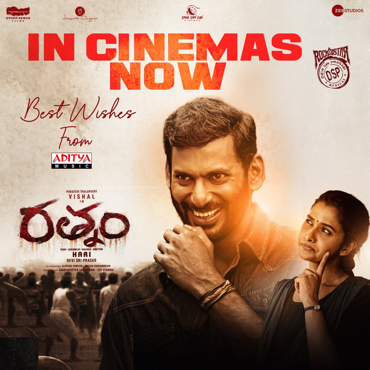 Dive into the action-packed entertainment of #Rathnam in theaters starting today. 

Best wishes from @adityamusic!

Starring Puratchi Thalapathy @VishalKOfficial. 
A film by #Hari.
A @ThisisDSP musical. 

@stonebenchers @ZeeStudiosSouth @priya_Bshankar @mynnasukumar #TSJay…