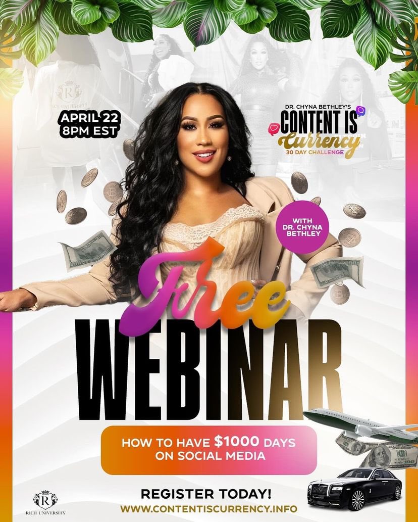 Count Down!!! My Live Content Is Currency Webinar is for you if you are Ready to Level Up and Make Money on Social Media from the same time you are already spending online! 

Either you are Consuming or Creating!!! Get of the Side Line invest the Next 6 Months into Changing .
