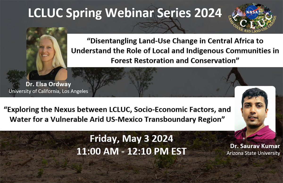 Land-Cover & Land-Use Change (LCLUC) Program (@lclucprogram) on Twitter photo Next Friday, join us to explore the role of local & indigenous communities in land-use change in Central Africa with Dr. <a href="/ElsaOrdway/">Elsa Ordway</a> and the nexus between LCLUC & socio-economic factors in US-Mexico transboundary region with Dr. Saurav Kumar. lp.constantcontactpages.com/ev/reg/x7jpkyb #LCLUC Next Friday, join us to explore the role of local & indigenous communities in land-use change in Central Africa with Dr. <a href="/ElsaOrdway/">Elsa Ordway</a> and the nexus between LCLUC & socio-economic factors in US-Mexico transboundary region with Dr. Saurav Kumar. lp.constantcontactpages.com/ev/reg/x7jpkyb #LCLUC