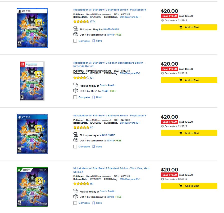 Nickelodeon All Star Brawl 2 (PS5/X1/X/PS4/S) $20 via Best Buy. ow.ly/WRsz50R5qgX