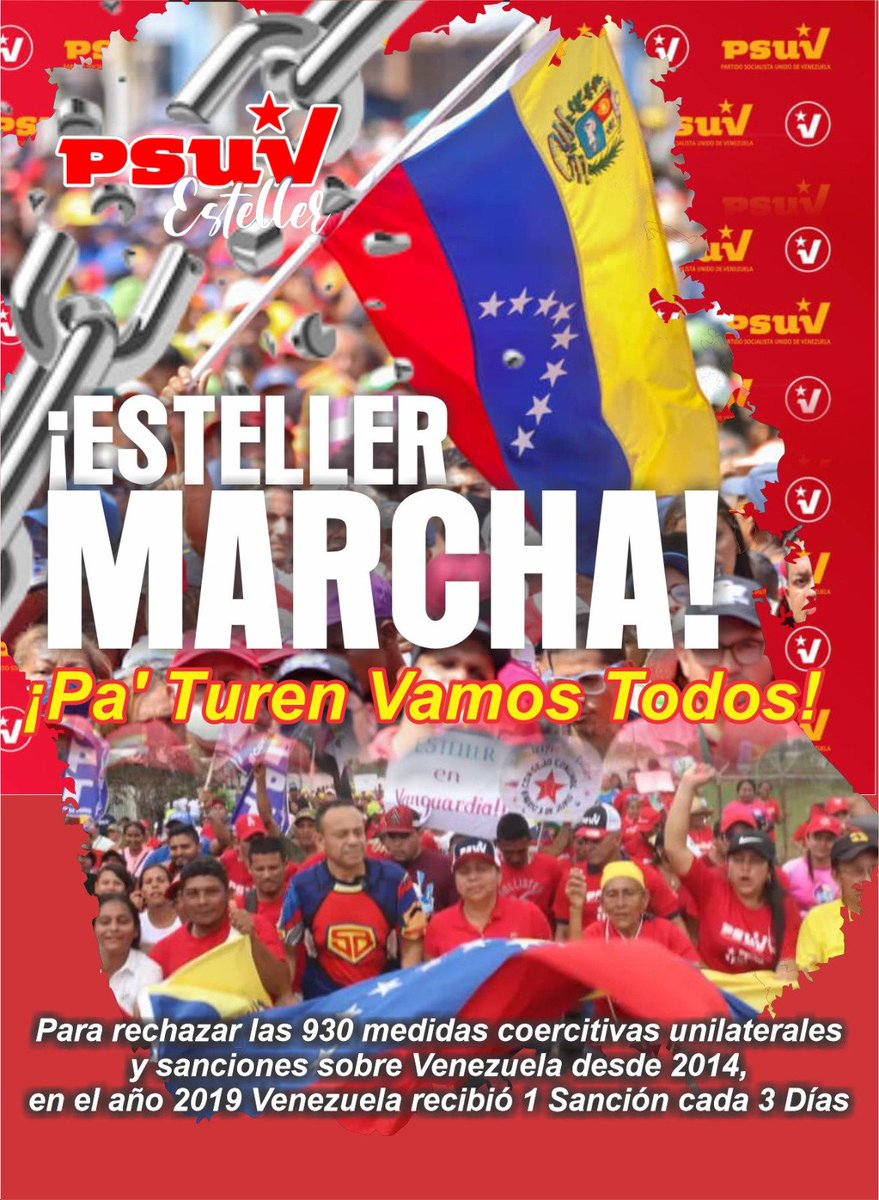 #Esteller Marcha 🚩 Este Viernes 26 de Abril #Esteller marcha en rechazo a las sanciones criminales y en apoyo al Presidente @NicolasMaduro, nos vemos en el Municipio #Turén a las 08:00 AM. ¡Unidos somos Invencibles! @PartidoPSUV #26Abril #UniónDeLosPueblos #MaduroAmorALaPatria