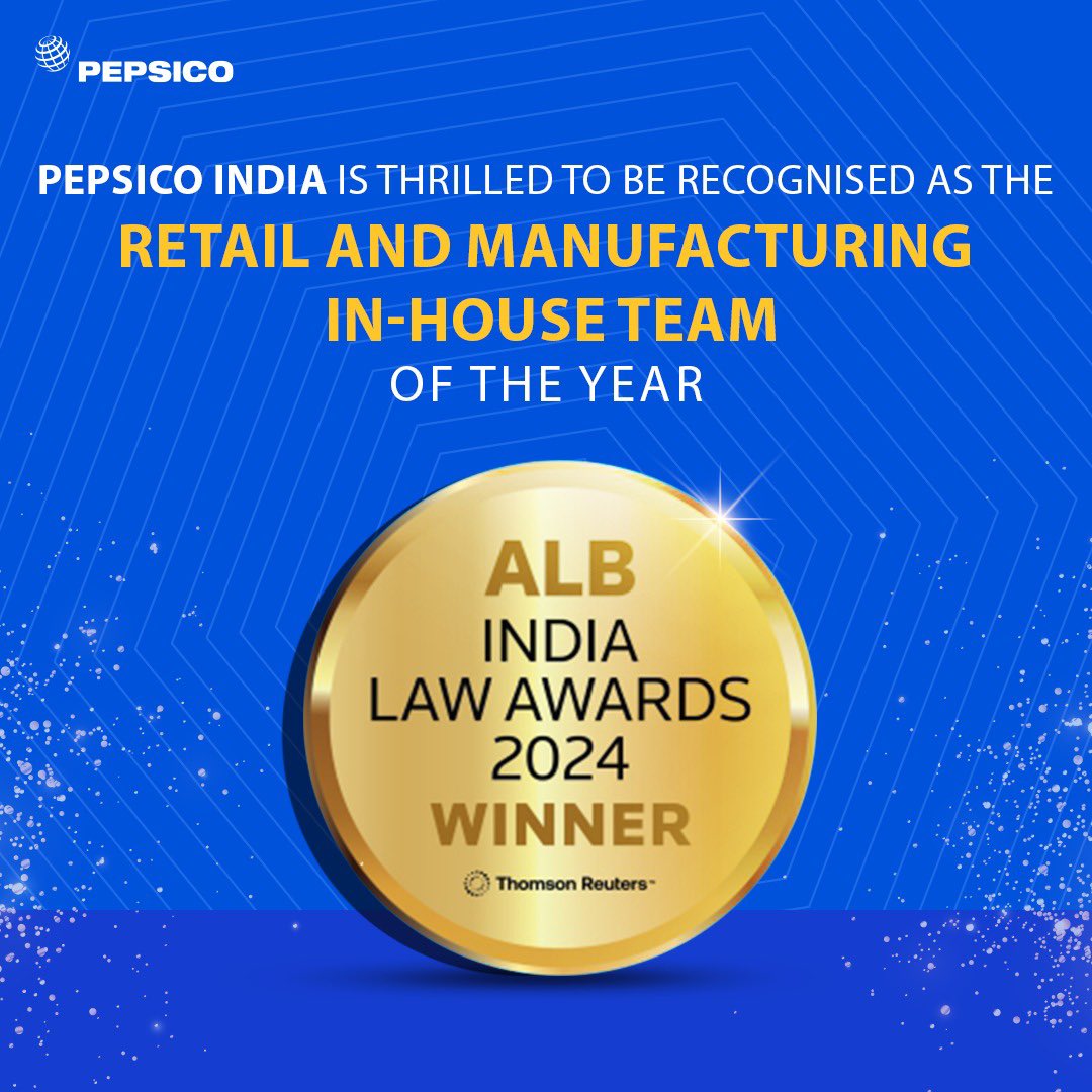 PepsiCo India extends a heartfelt gratitude to The ALB Awards for this prestigious recognition. Kudos to our outstanding Legal team for their unwavering dedication and professionalism! Here's to another year of success ahead! 🏆 #ALBAwards2024 #PepsiCoProud