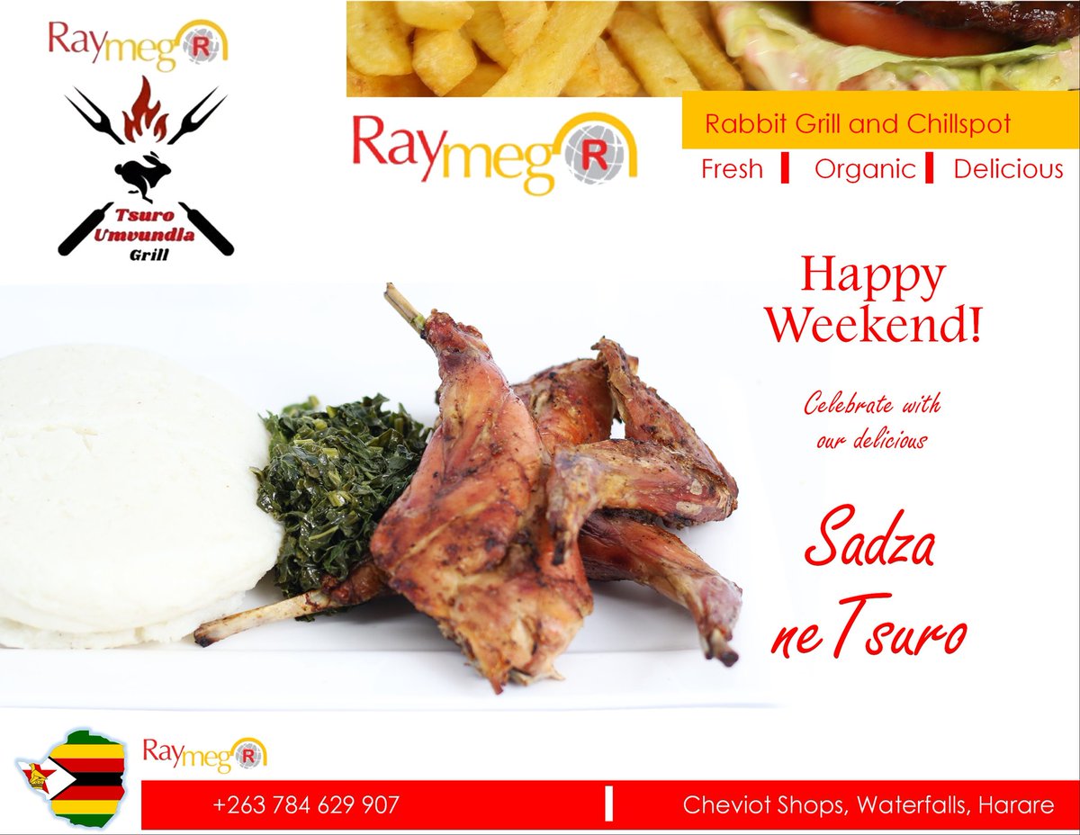 Enjoy your weekend with our mouthwatering 🤤 sadza ne tsuro. Visit Raymeg Rabbit Grill and Chillspot the home of the best rabbit meat dishes in town 😋. 
#raymegrabbit #simplydelicious #healthyeating #flamegrilledburger #ovenfresh