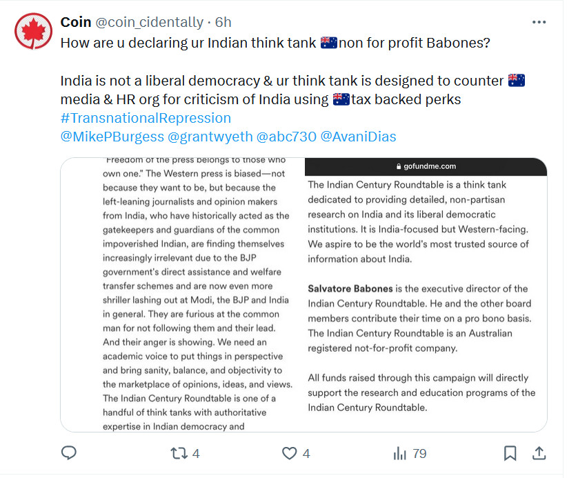 Answering criticisms of the Indian Century Roundtable from @coin_cidentally and others: the organization is not-for-profit, donors receive no tax breaks under Australian law, and I take no payments for my work. That makes me, in effect, the largest donor to the organization.