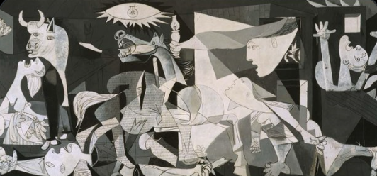 Op 26 april 1937 werd de Spaanse plaats Guernica gebombardeerd en met de grond gelijkgemaakt. Picasso wilde de gruwelijkheden van de oorlog verbeelden en maakte n.a.v. dit bombardement zijn beroemdste schilderij, 'Guernica'. Zeer indrukwekkend en vol symboliek.