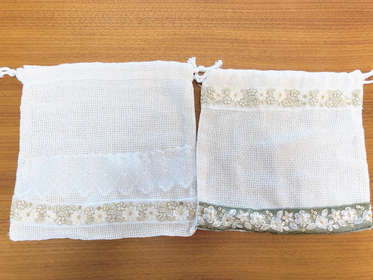インド刺繍リボンにハマってて、巾着袋作ってみました！

#ハンドメイド作品 
#インド刺繍リボン 
#ハンドメイド好きさんとつながりたい