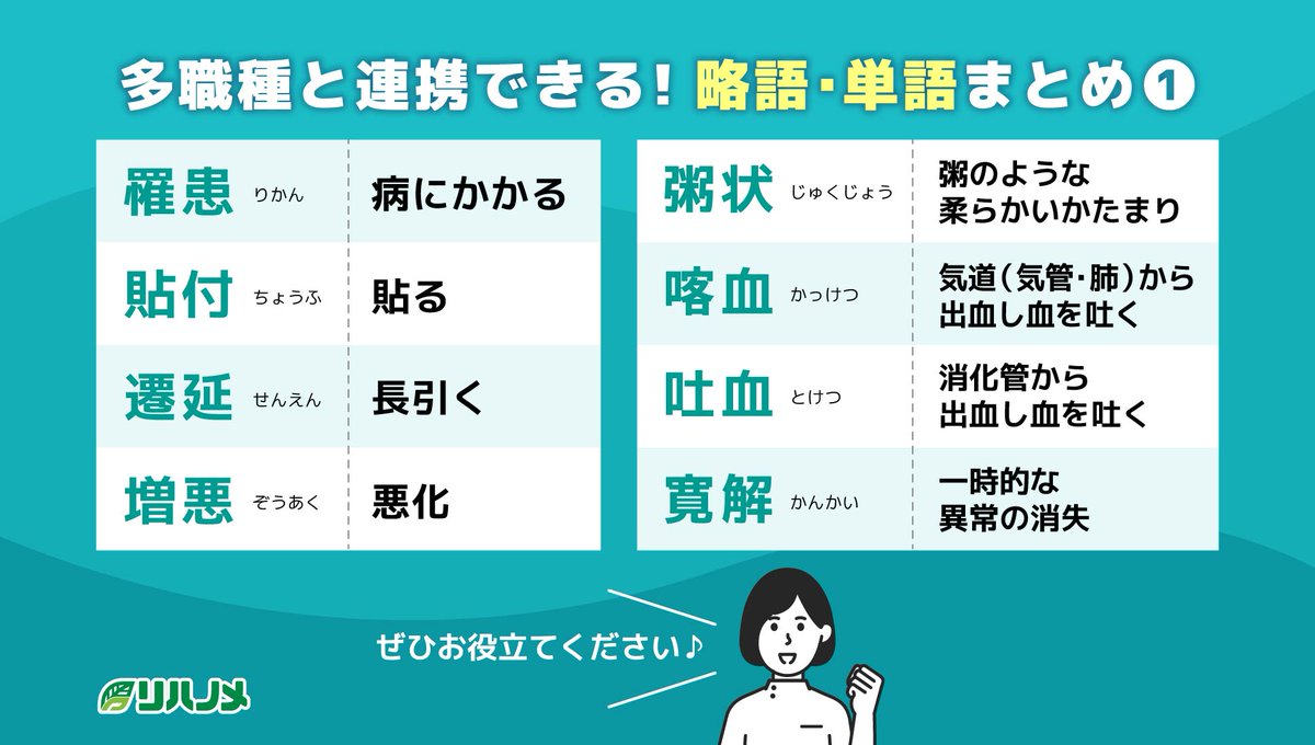 ／
リハスタッフさんの🌸春を応援🌸
初めての方限定
1ヶ月100円プランは残り3日‼️
＼

略語・単語まとめ①をご紹介！
ぜひ多職種連携にお役立てください☺️
明日は略語・単語まとめ②をアップするのでお楽しみに🎵

春キャンペーンはこちらから🌸
gene-llc.jp/mypage/courses/