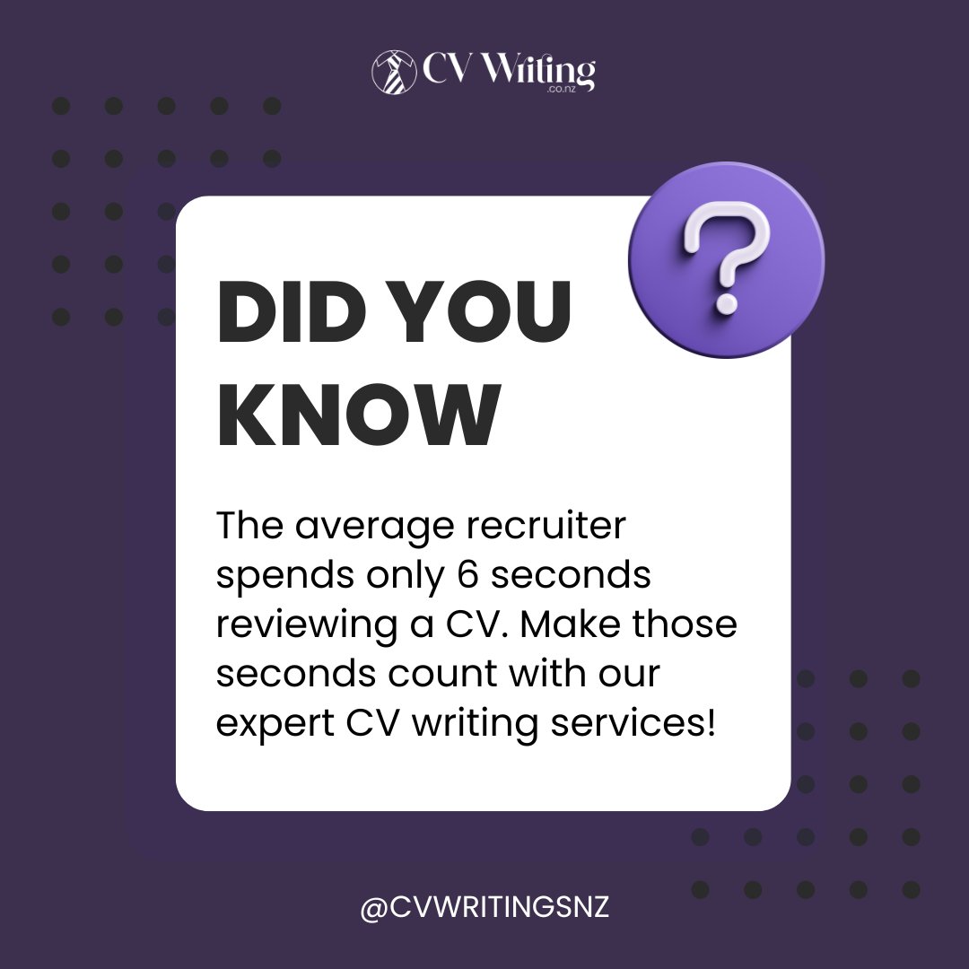 Recruiters usually only glance at a CV for 6 seconds. But with our top-notch CV writing services, let's make those seconds really count!
info@cvwriting.co.nz

#cvwritingnz #CareerAdvice #CVWriting #ProfessionalGrowth #careerdevelopment #CV #jobseekers #newzealand #NFLDraft