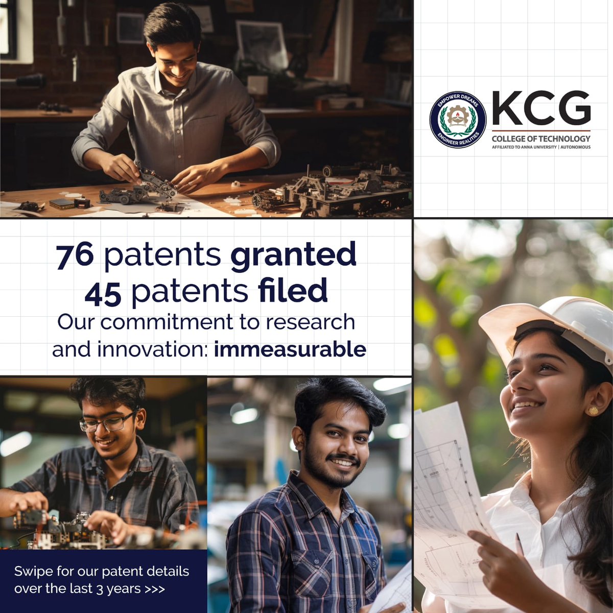 KCGtechnology's tweet photo. We are committed to research &amp; innovation. The number of patents filed and granted over the last 3 years will tell you the story.

#KCGCollege #worldintellectualpropertyday #intellectualpropertyday #WorldIPDay #IntellectualProperty #intellectualpropertyprotection  #Innovation https://t.co/ggc5V47d9g