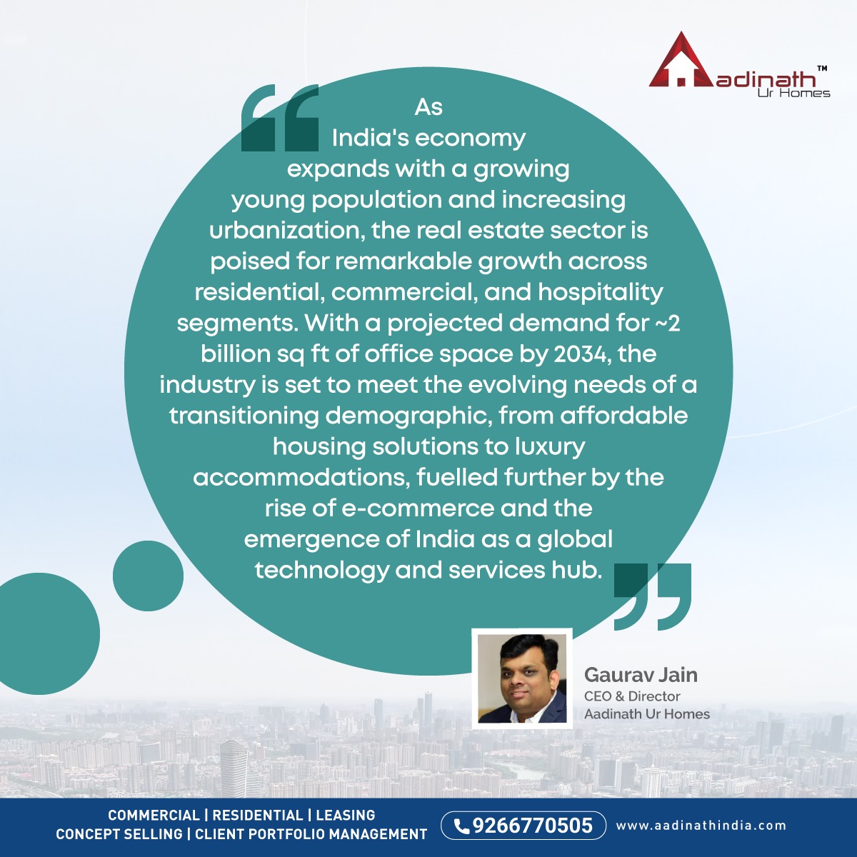 The current real estate situation in India looks quite promising. Here’s what Aadianth Ur Homes’ CEO Mr. Gaurav Jain has to say about it. #CommercialSpaces #PrimeLocations #RealEstateIndia #CEO #AadinathIndia #AadinathUrHomes #OfficeSpace #RetailSpace