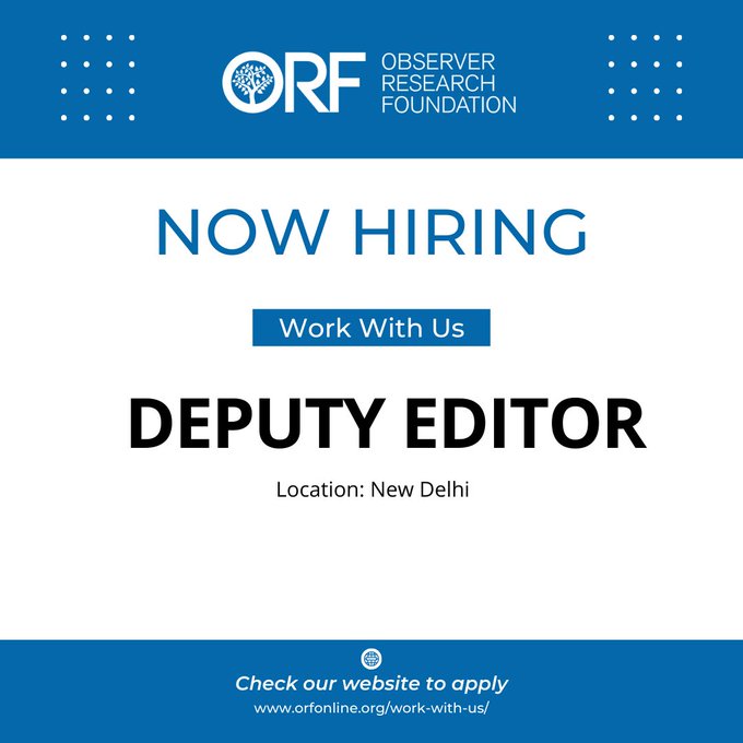 #JobAlert #JobPosting @orfonline is looking to hire a Deputy Editor to join the Publications team! Location: New Delhi Apply here 👉tinyurl.com/4wu54fnm
