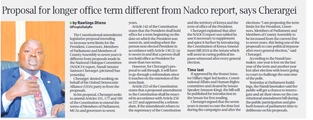 The constitutional amendment legislative proposal intending to increase term limits for the President, Governors, Members of Parliament and Members of County Assembly to seven years is different from proposals made in the National Dialogue Committee (NADCO) report, Nandi Senator…