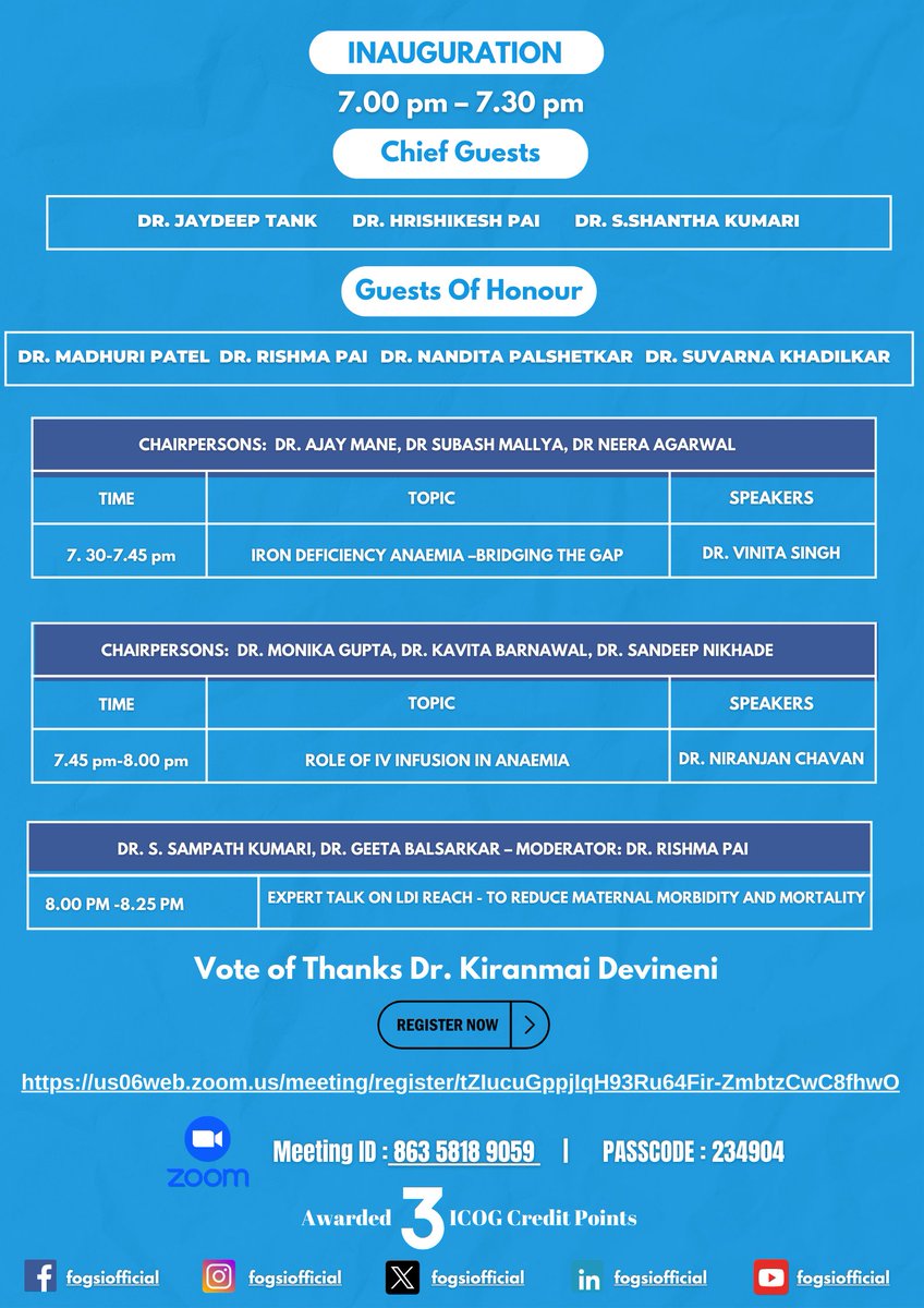 Join in big numbers for this very important FIGO FOGSI Leadership Development Initiative to Save Mothers from PPH and Anemia. Join FOGSI Leaders deliberating on the way forward, EMOTIVE Bundle for Early Management of PPH and Anemia. Date - 26th April 2024, Tuesday at 6.00 pm -