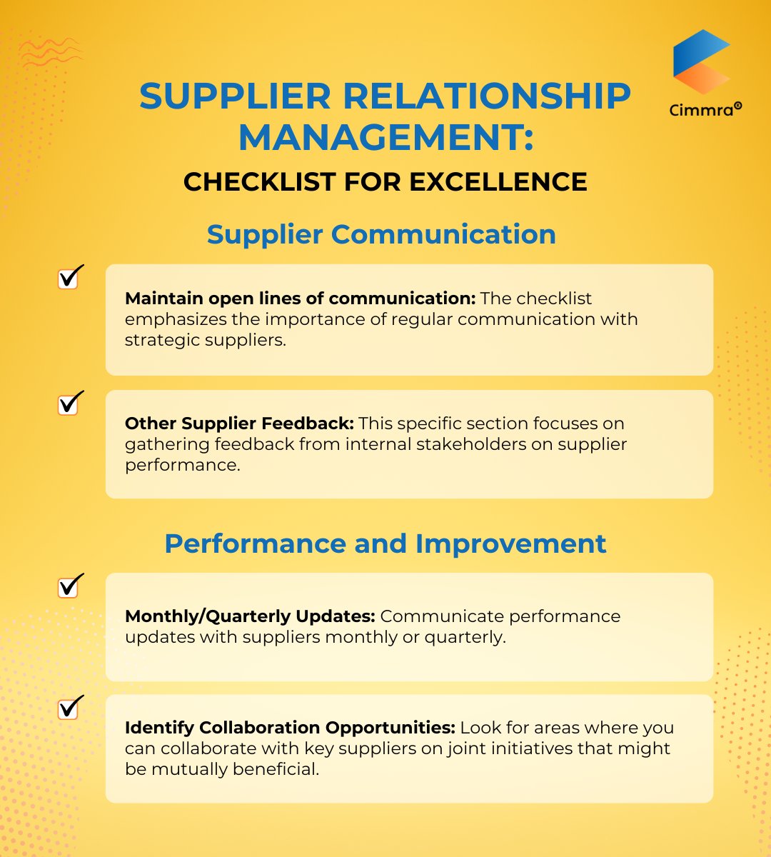 Level up your supply chain! This checklist helps you build strong supplier relationships for a smoother, more efficient operation.

#Cimmra #SupplierRelationshipManagement #SRM #SupplyChain #SupplyChainManagement #Collaboration #Efficiency #CostSavings #Innovation