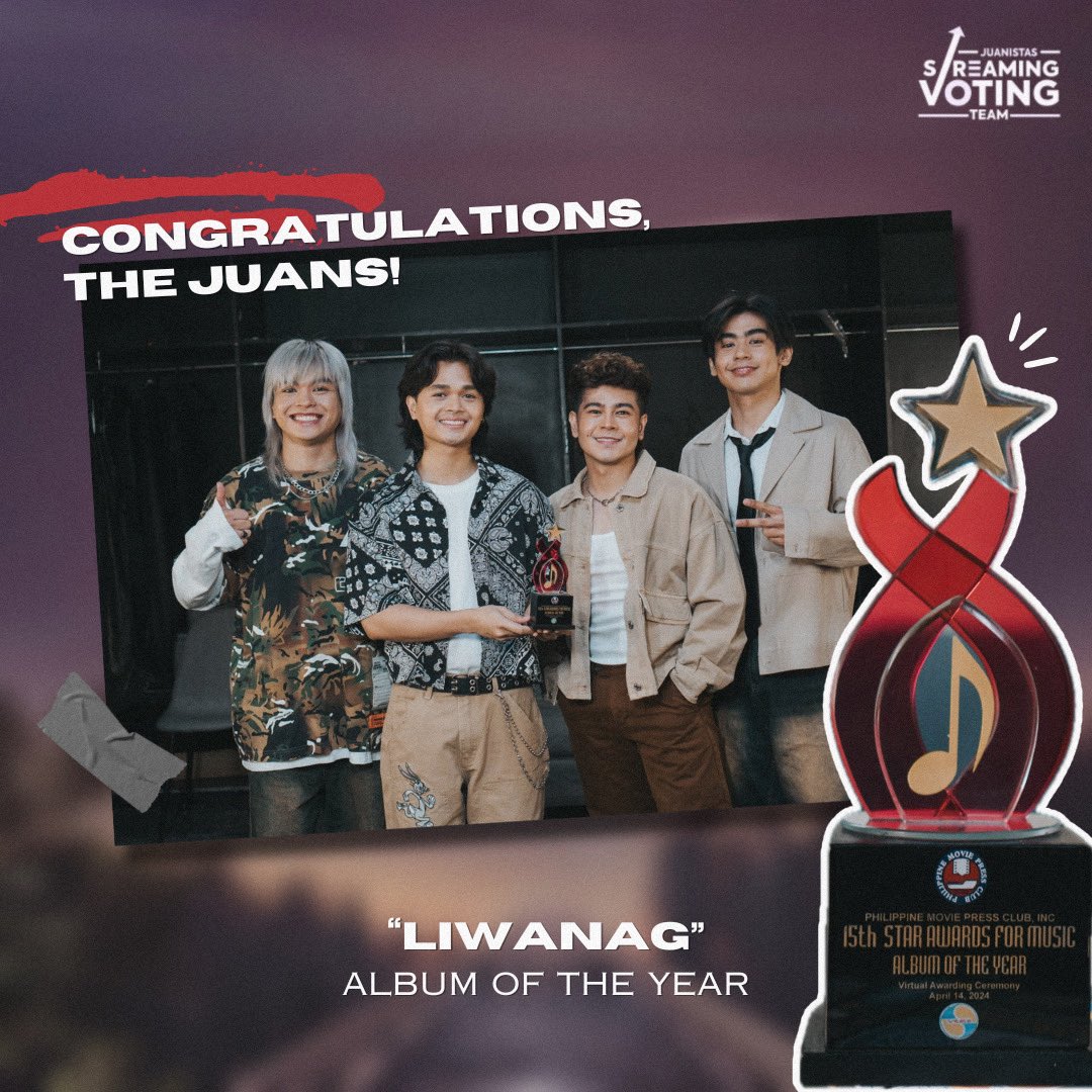 'LIWANAG' for Album of The Year at the 15th PMPC Star Awards!

Thank you for giving us hope and inspiration through your music! 

Congratulations faves @TheJuans_BAND! Proud of you! 🫶🏻