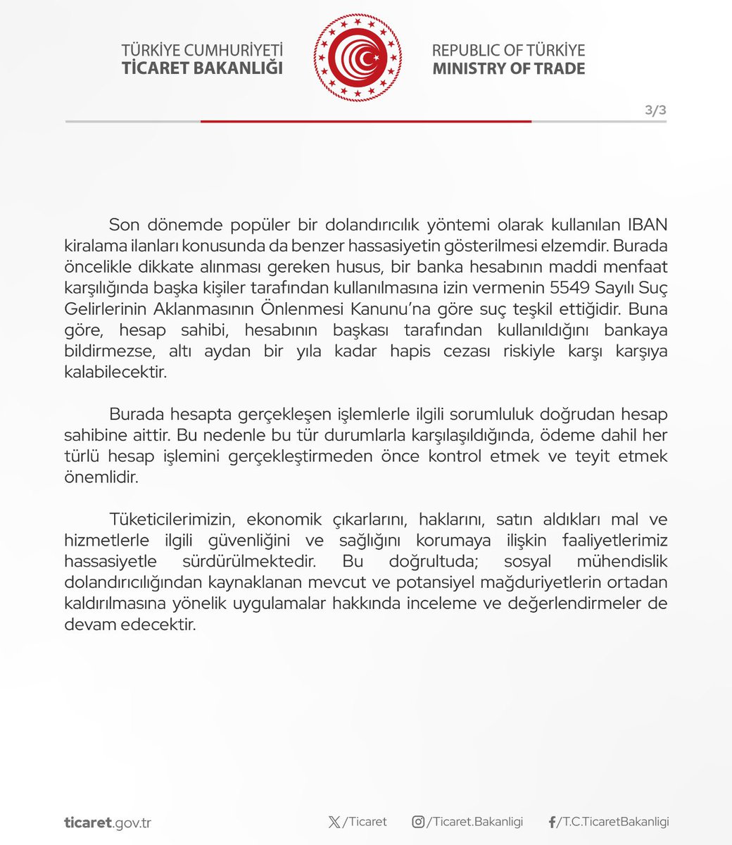 Ticaret Bakanlığı IBAN Kiralama İlanları Başta Olmak Üzere Sosyal Mühendislik Dolandırıcılıklarına Karşı Harekete Geçti (26.04.2024)