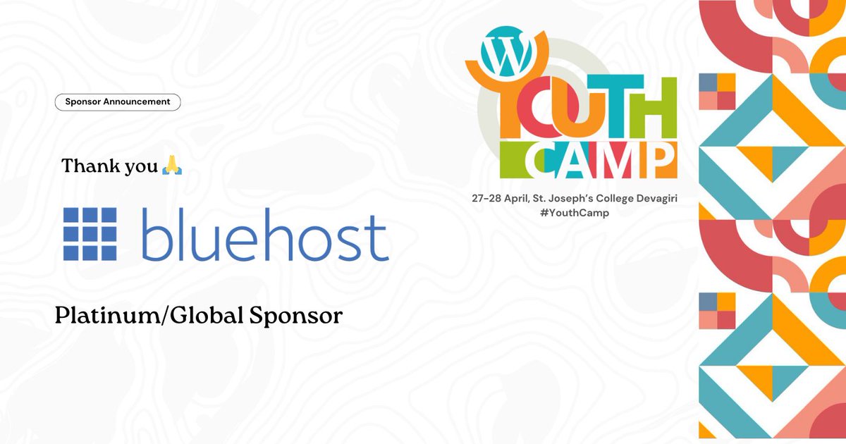 Big Thanks to @bluehost for sponsoring #WordPress #YouthCamp Kozhikode 2024 as a Global/Platinum sponsor. We are indebted to you for your support! 
@BluehostIndia 
events.wordpress.org/kerala/2024/yo…