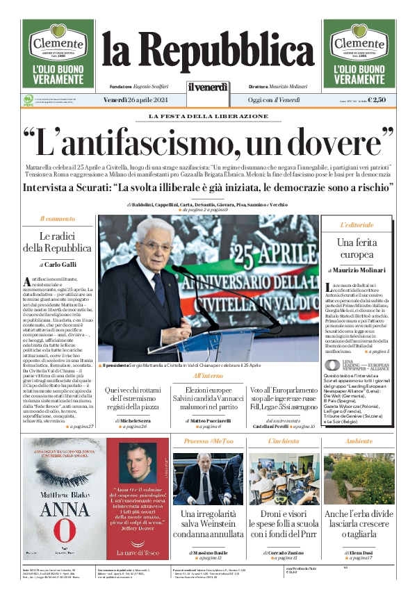 repubblica's tweet image. La prima pagina di oggi #26april larep.it/primapagina 📰