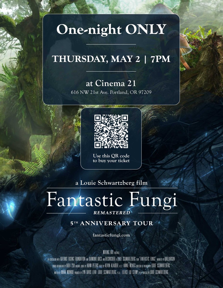 Hey Portland!!!  Fantastic Fungi Resmastered is popping up for a one-night-only screening at <a href="/cinema21pdx/">Cinema 21</a> on their biggest screen! 🍄Celebrate the 5th anniversary release with enhanced digital and sound for an awesome immersive experience.  Tix: bit.ly/3xTIFlY