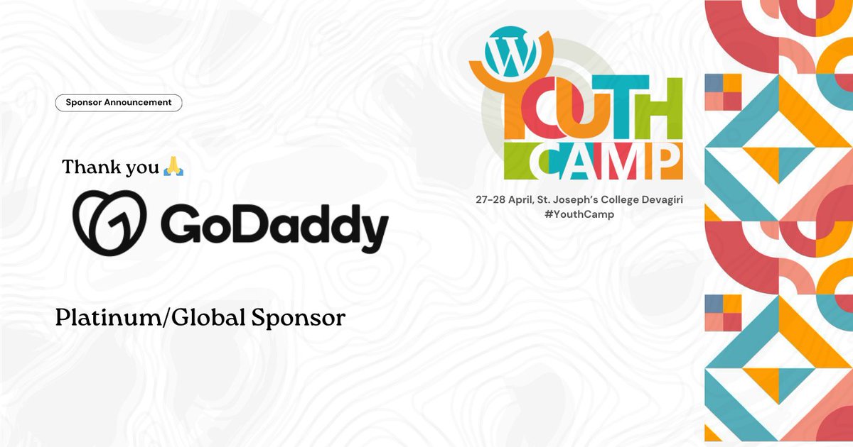 Thank you so much @GoDaddy for your support to #WordPress #YouthCamp 2024 as a Platinum/Gold sponsor. #GoDaddy supported us to host #YouthCamp 2023, and we are eternally thankful for their ongoing support! @GoDaddyPro 
events.wordpress.org/kerala/2024/yo…