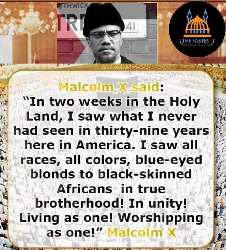 ⚫️🌸 Muslim” and “Arab” is not the same thing:
One of the most common misunderstandings is that a Muslim is the same as an Arab.
85 % muslims are not Arabs. 
Islam is for Humanity.

#malcomx 

Malcom X became Muslim and in city Makkah Saudia Arabia He said ...