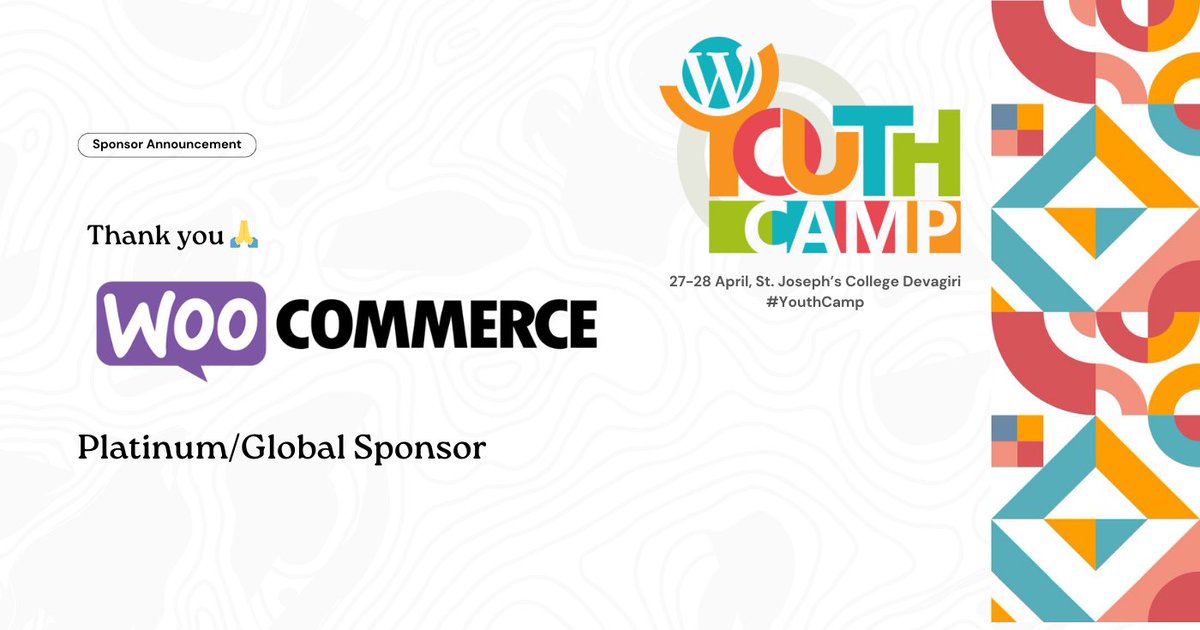 Major props to the good folks at @WooCommerce for sponsoring #WordPress #YouthCamp #kozhikode as a Platinum/Gold sponsor. Our event wouldn't be possible without your support - thank you! 

events.wordpress.org/kerala/2024/yo…