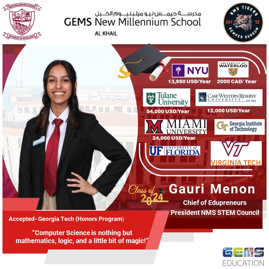 High Flyers!
Gauri Menon, Class of 2024, a scholar extraordinaire destined for greatness!
Congratulations on your outstanding offers!