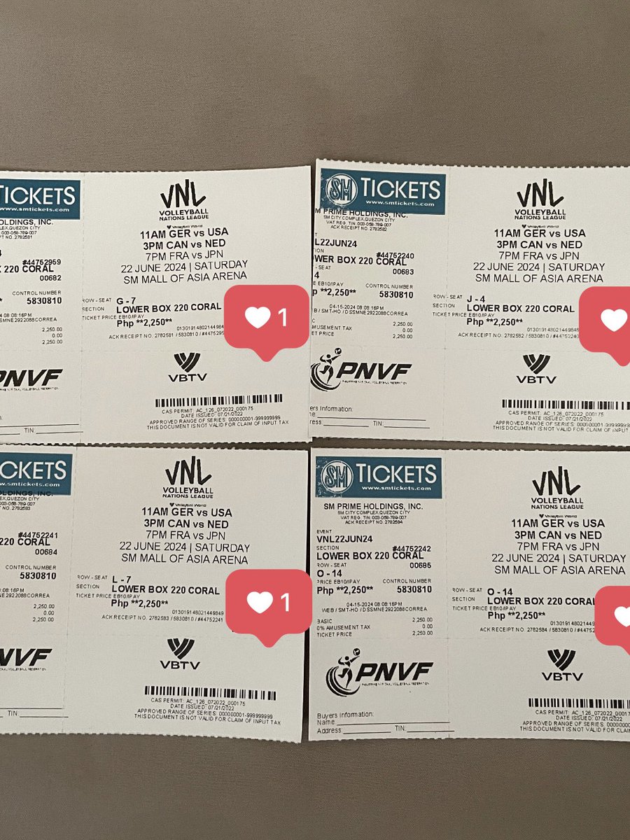 SELLING 
WTS/LFB 

- VNL
- June 22, 2024
- GER vs USA, CAN vs NED, FRA vs JPN
- 4 Lower Box, Section 220 (NON-ADJACENT SEATS)
- Can meet up around UP Diliman/SM North/Trinoma
- Same price as purchased 

#VNL2024 
#VNLManila