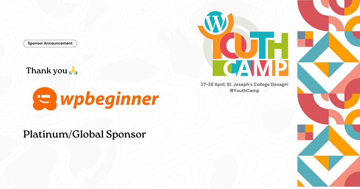 Thank you so much, @wpbeginner for sponsoring #WordPress #YouthCamp #Kozhikode 2024 as a Global/Platinum sponsor. Your support was essential in making our event possible, and we can't thank you, ENOUGH! 
events.wordpress.org/kerala/2024/yo…