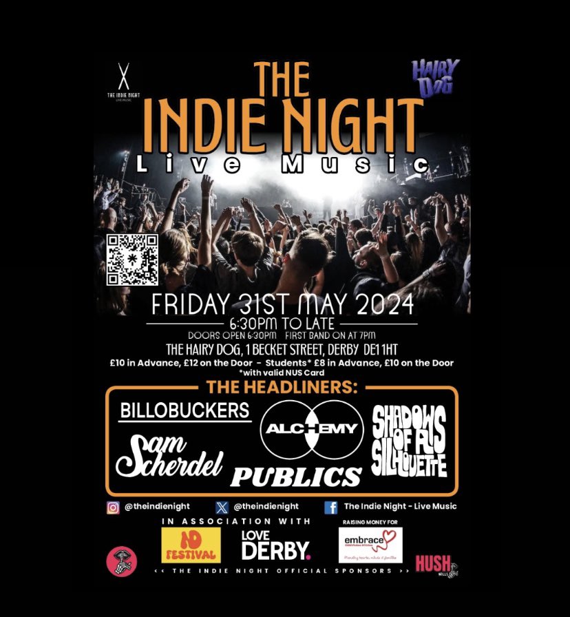 The next Indie Night is on Friday 31st May @hairydogderby with a great line up of @samscherdel @ThePublicsBand @TheShadowsofaS1 @BILLOBUCKERS #alchemy - Please come and support new music & good causes @EmbraceCVOC Tickets are available via the link below: gigantic.com/the-indie-nigh…