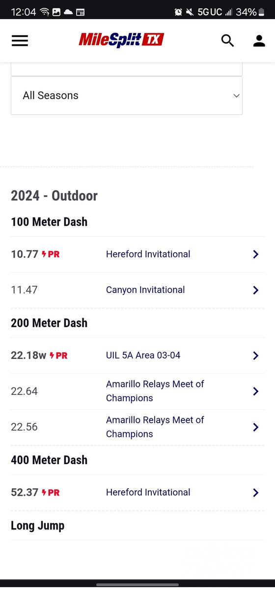 Track season final results. Lost regional finals. Verified times below( District open 200 is my PR but times aren't posted from that meet) Area qualifier: 200 4x100 relay 4x200 relay Regional qualifier: 4x200 relay @JeffBigDreamerH @damehova9 @MathisGaius @undrabigbabydra