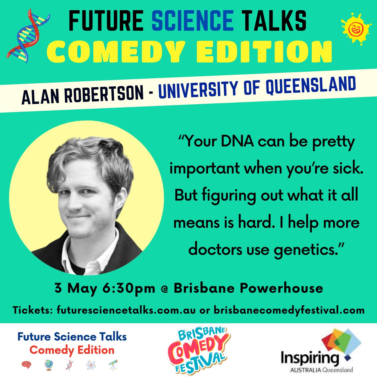 Brisbane friends! Next Friday I'll be getting up and talking about genetics as part of the @BrisComedyFest! It's should be a lot of fun! Thanks @InspiringQld and @FutureSci