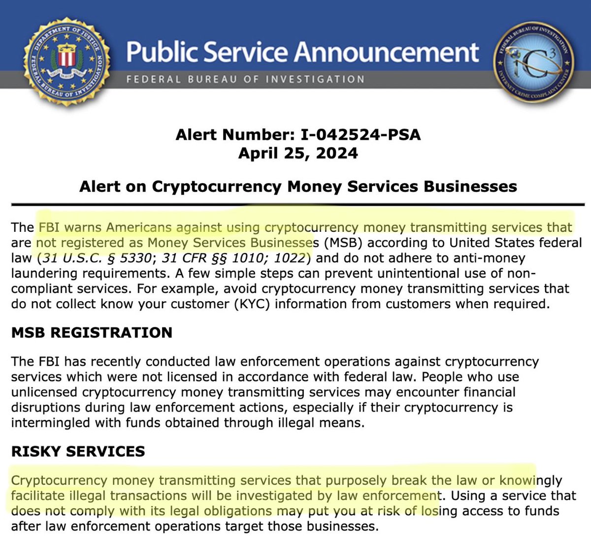 JUST IN: 🇺🇸 FBI warns Americans against using non-KYC #Bitcoin  and crypto money transmitting services. “The FBI warns Americans against using cryptocurrency money transmitting services that are not registered as Money Services Businesses According to United States Federal Law.”…