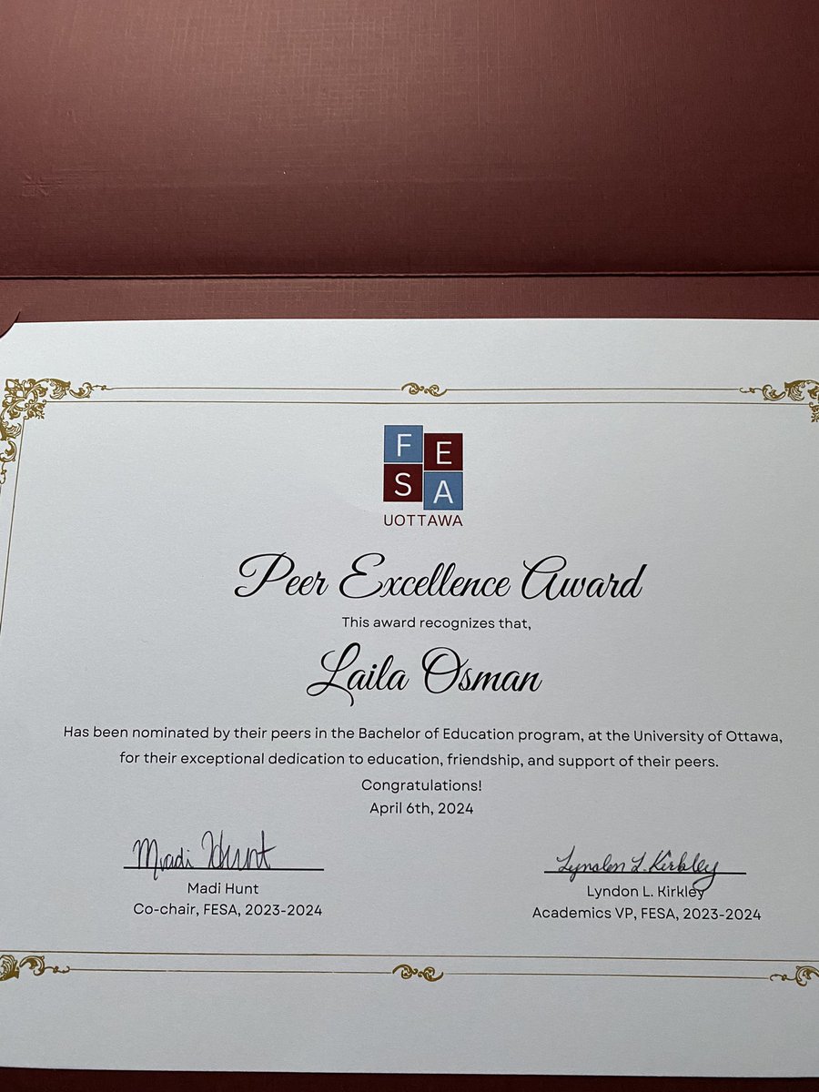I’m so honoured and grateful to have received the <a href="/FESA_UO/">FESA UOttawa</a> Peer Excellence Award this year! It’s awarded to a student who has been nominated by their peers in the B.Ed program at uOttawa for exceptional dedication to education, friendship, and support of their peers 😊