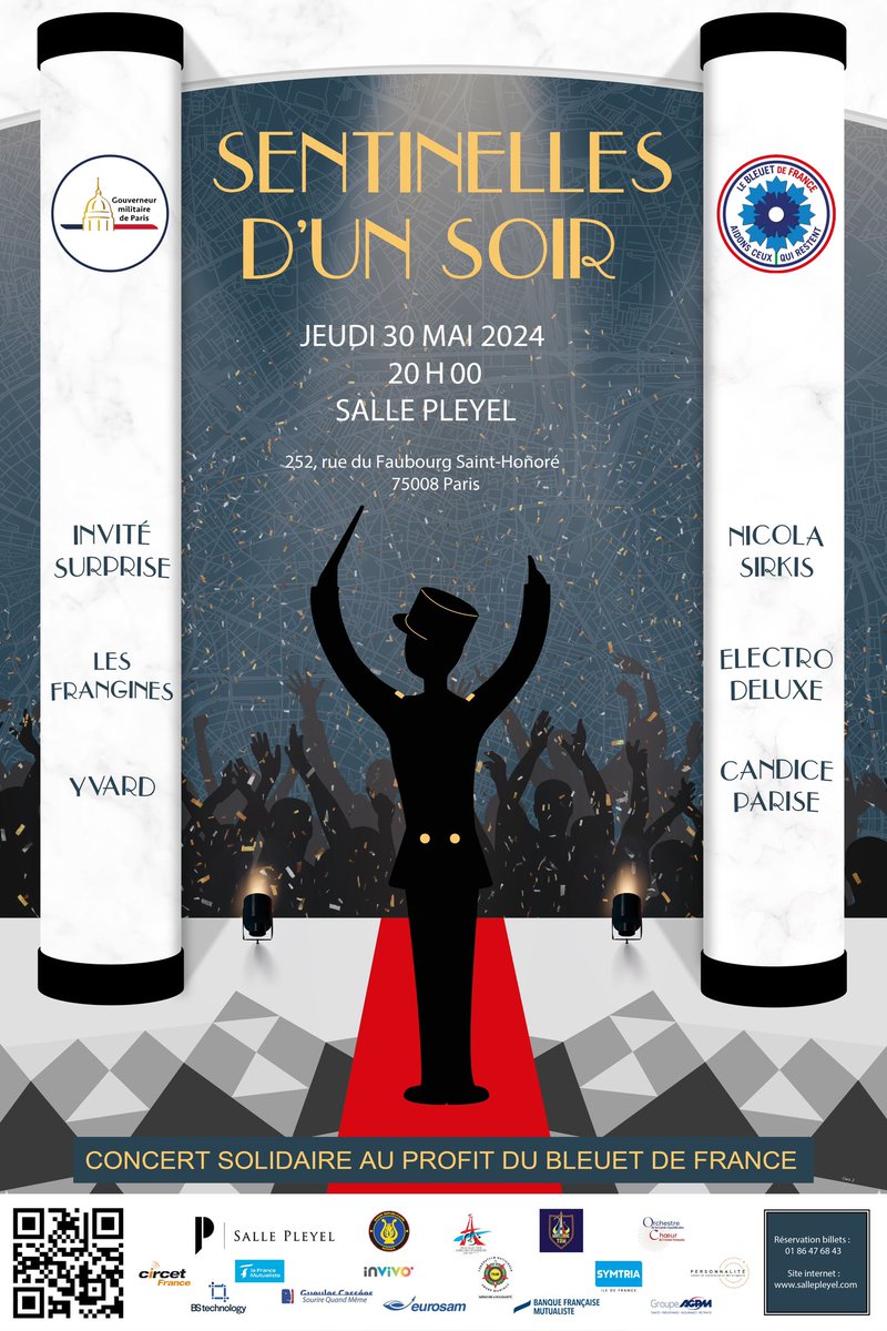 30 mai à 20h Soirée événement @sallepleyel à Paris !   6 artistes de renom 🎤 et 200 musiciens 🎼 des plus prestigieuses formations musicales des armées en 6 tableaux inédits. L’intégralité des fonds sera reversée au @BleuetFrance. Lien billetterie : tinyurl.com/rmth2jvw