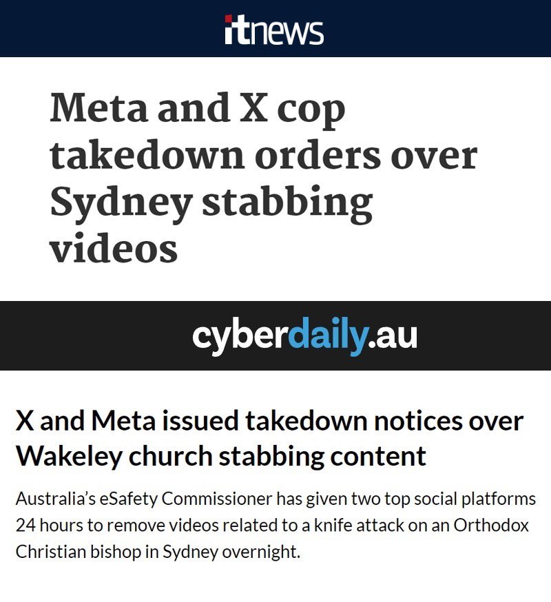 Did the Australian eSafety Commissioner send takedown notices only to 𝕏 and Meta? This could explain why the video is still available on some legacy news channels on YouTube. Isn’t YouTube also an online platform?