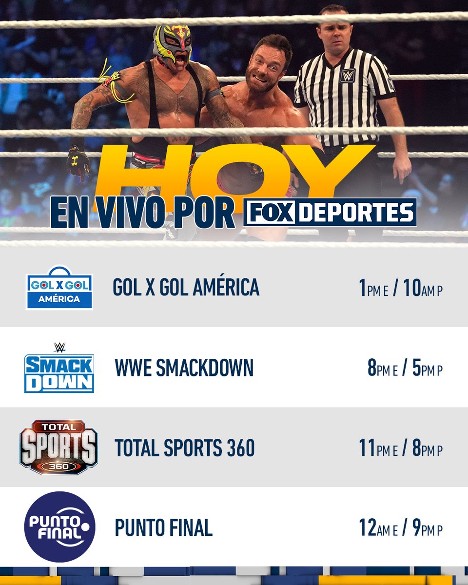 Viernes con sabor a FIN DE SEMANA en FOX Deportes 🥳: 

#GOLxGOL 🌎⚽
#WWEenFOX 💪
#TotalSports 📺💥
#PuntoFinal 📺⚫

Sintoniza en tu TV o en la FOX Sports App 📱😍👌.