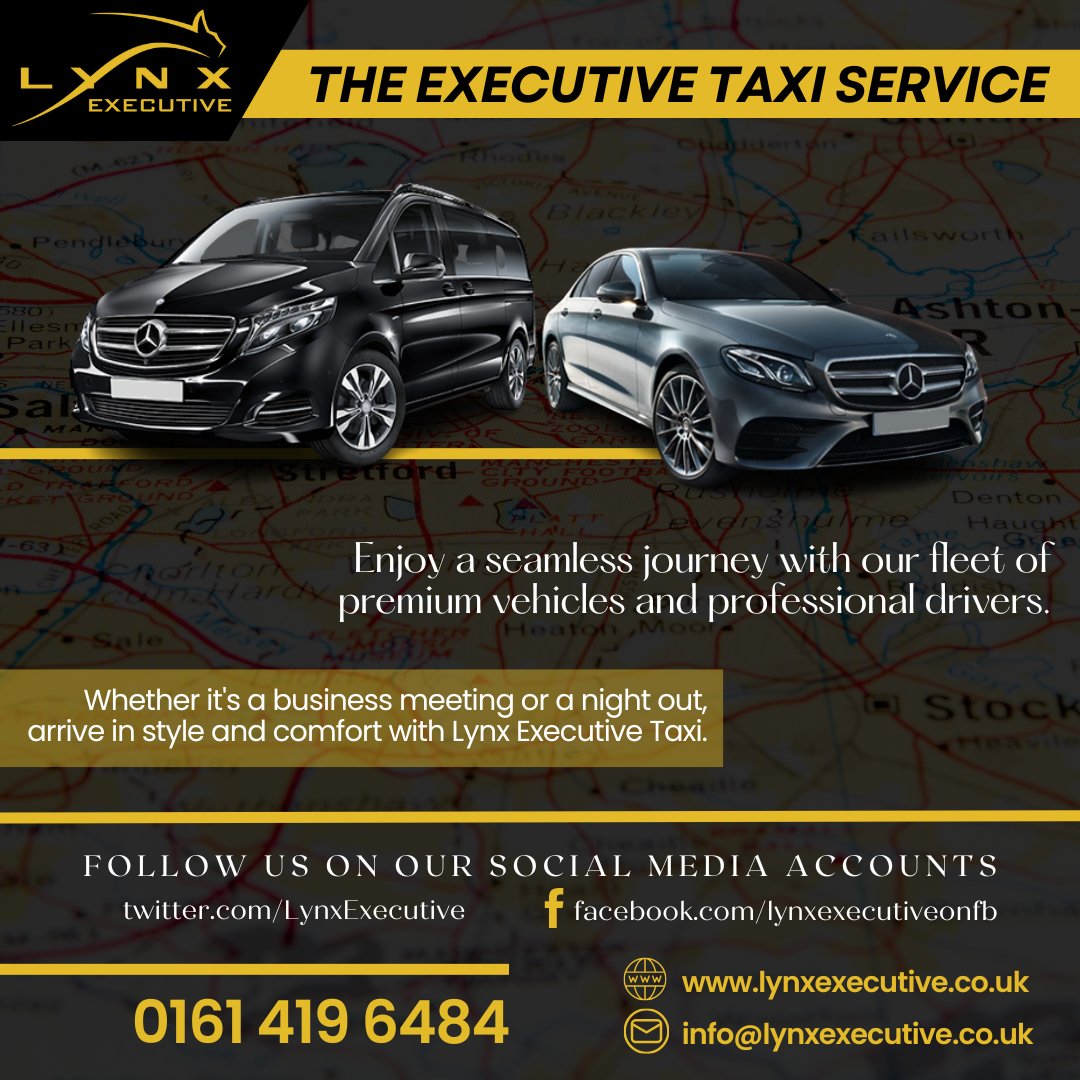 Experience executive taxi service at its finest.
#cheshire #mobberley #knutsford #wilmslow #bramhall #poynton @macclesfield #manchesterairport #hale #altrincham #tameside #denton #hyde #didsbury #gatley #heatons #newmills #romiley #adswood