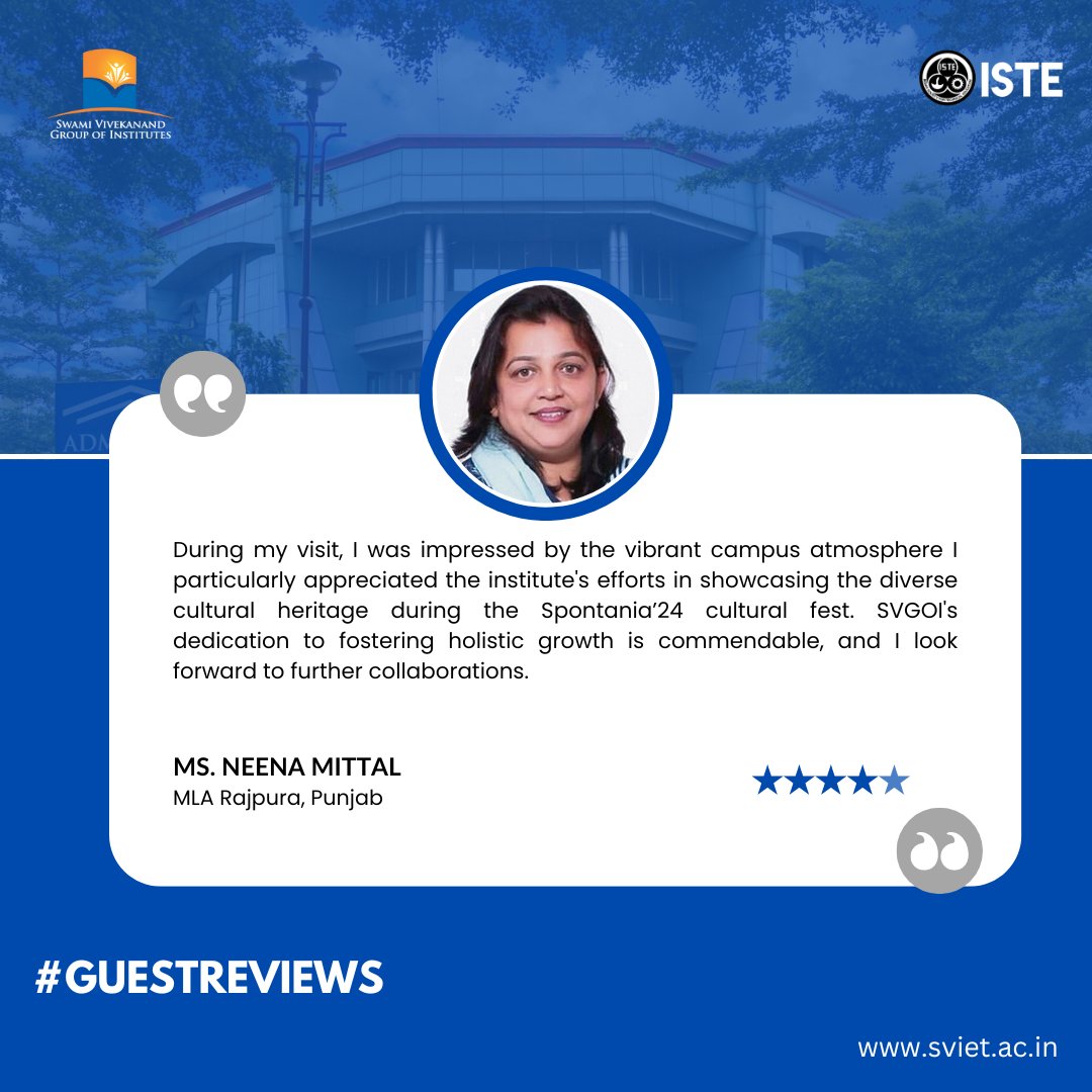 Every five-star review we receive holds a special place in our hearts, no matter how many we accumulate. Check out this glowing review from Ms. Neena Mittal, MLA Rajpura, Punjab📷
#GuestReviews #FiveStarExperience #SVGOI #SVIET #BeOurGuest #BestCollege