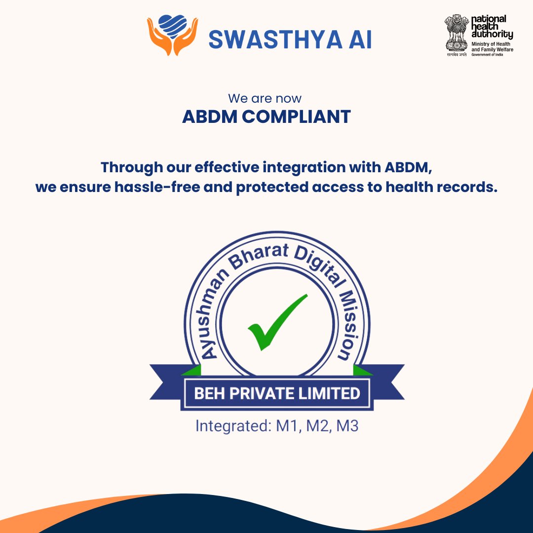 We're elated to announce that Swasthya AI is now fully compliant with the Ayushman Bharat Digital Mission (ABDM)! 🚀

Connect with us to leverage our ABDM compliant platform and become an ABDM compliant organization.

#SwasthyaAI #ABDMCompliant