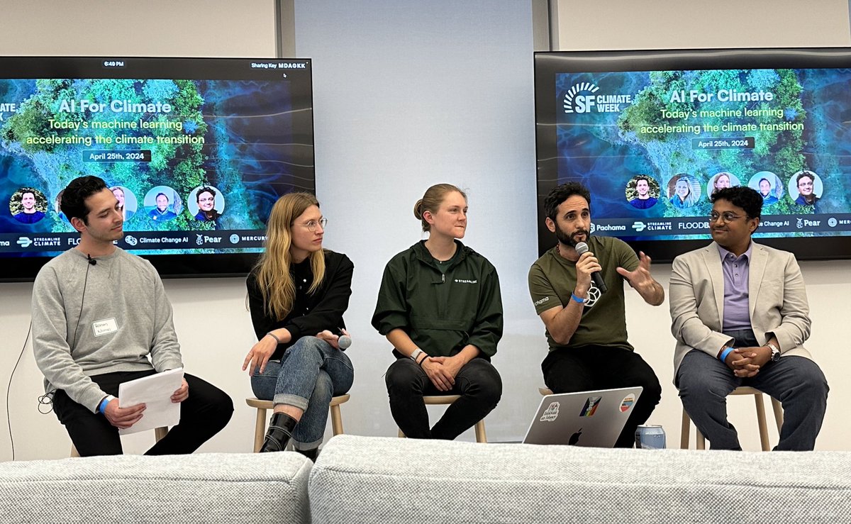 My one stunt at @SFClimateWeek: chatting about AI & Climate with awesome peers from @OpenAI @ClimateChangeAI @StreamClimate @Floodbase. The SF AI Climate community keeps thriving 💪🏽