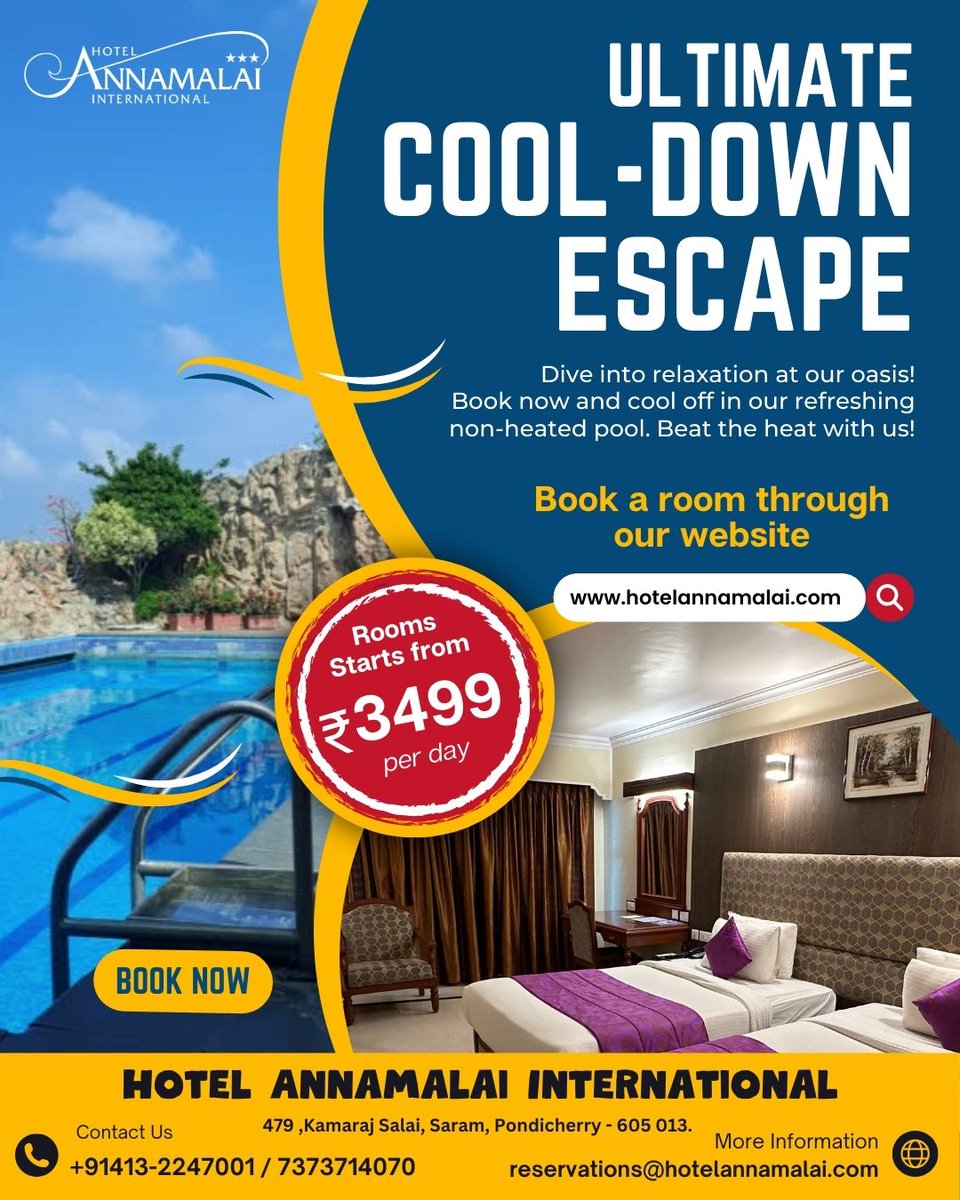 Book your room now for the ultimate cool-down escape.

#HotelAnnamalai #HotelannamalaiInternational #hotelannamalaipondy #travel #vacation #holiday #familyrooms #hospitality #luxuryhotel #TheRenaissancerooms #booknow #Nonsmokinghotel #HoelandResort #4starhotel #staycation