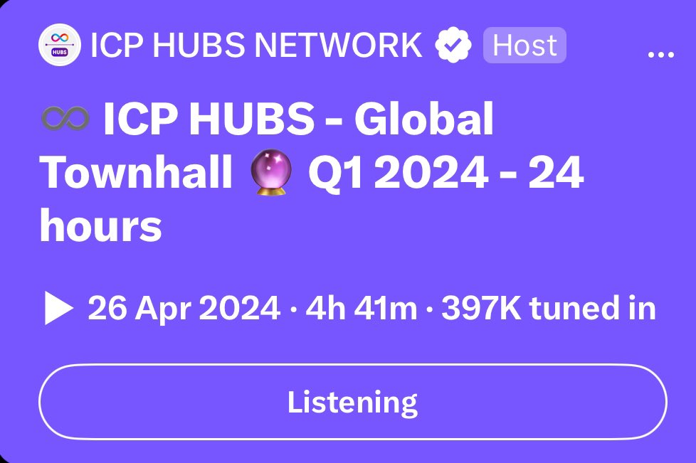 Let’s continue…. Our #ICPHUBS Global Townhall‼️ It’s on 🔥🔥🔥we have more than 397,0000 peoples tuning in into our X space for the past 4 and half hours. #ICP #GlobalTownhall @dfinity @icphubs @icphub_DE @icphub_ID @icphub_IN @icphub_TH @icphub_KE @icphub_TR @icphub_CA…