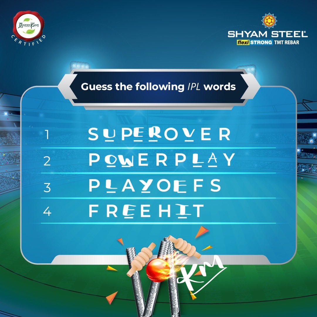 @ShyamSteelIndia 1] Super over 
2] PowerPlay 
3] PlayOffs 
4] FreeHit 

@ShyamSteelIndia 
#ScoreBigWithShyamSteel 
#JioCinema 

@mahekdara12 
@VaishaliMaisur2 
@Roypriyanka2 
@ShwetaS0012 
@NiharikaMajumd4 
@MiralBhavsar1