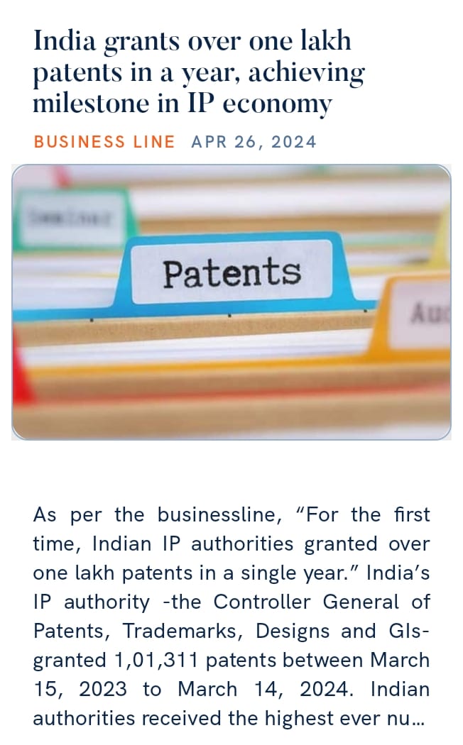 India grants over one lakh patents in a year, achieving milestone in IP economy thehindubusinessline.com/economy/india-… via NaMo App