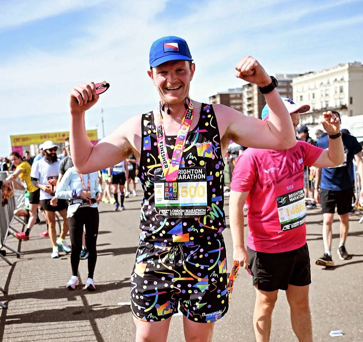 Well done Henry for smashing Brighton marathon in an epic “Retro party” vest and shorts combo 🎉 🏅 #brightonmarathon